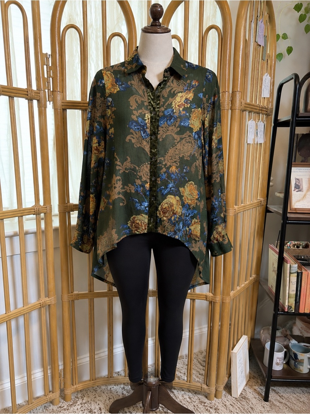 Oddi Women's Olive Floral High-Low Button-Up tunic Top with velvet mesh back